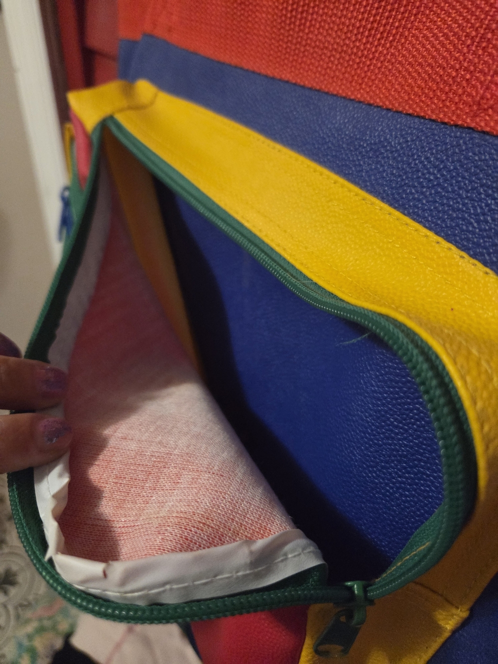 Vintage Colorblock Blue Tote Bag with Red, Green & Yellow Pockets - Picture 3 of 7